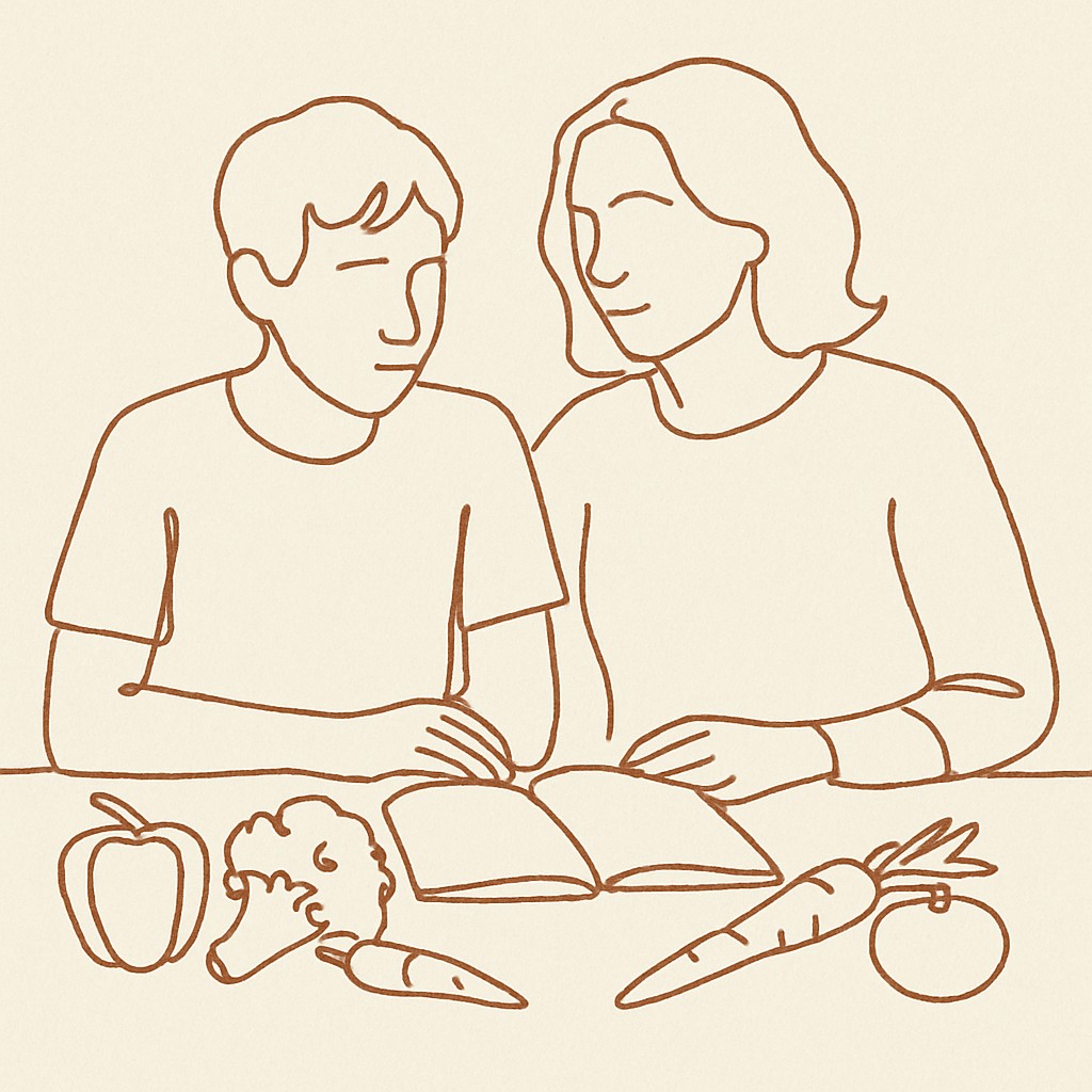 Line art of a teen and parent at a counter with vegetables, a notebook open between them