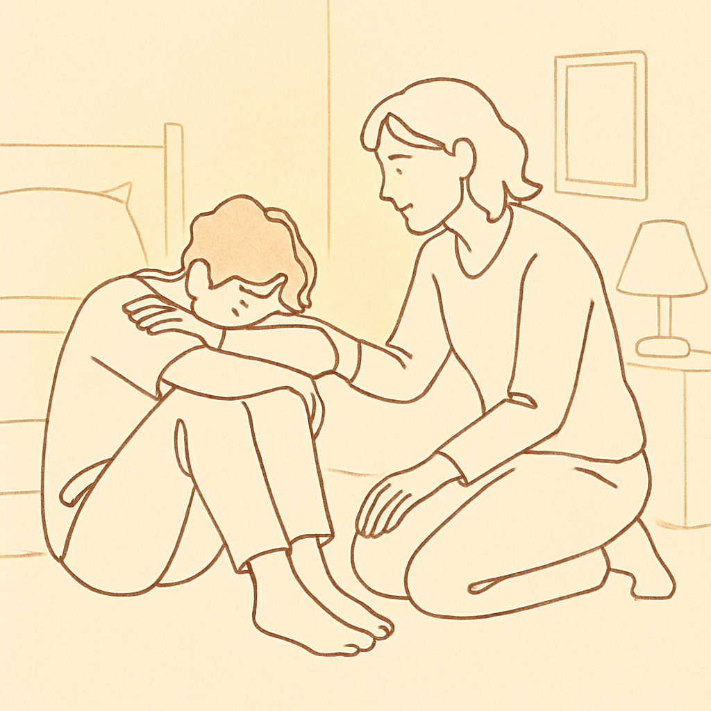 Line art of a teen sitting on a bedroom floor, parent kneeling next to them, soft warm light