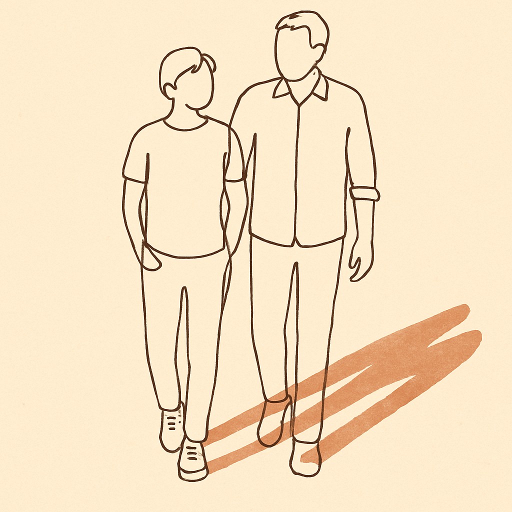 Line art of a teen and a parent walking side-by-side at dusk, shadows long behind them