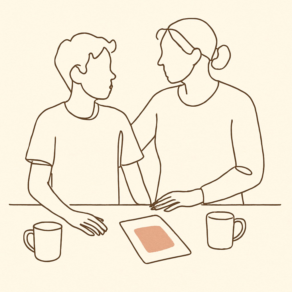 Line art of a teen and parent at a kitchen counter, a save-the-date card visible