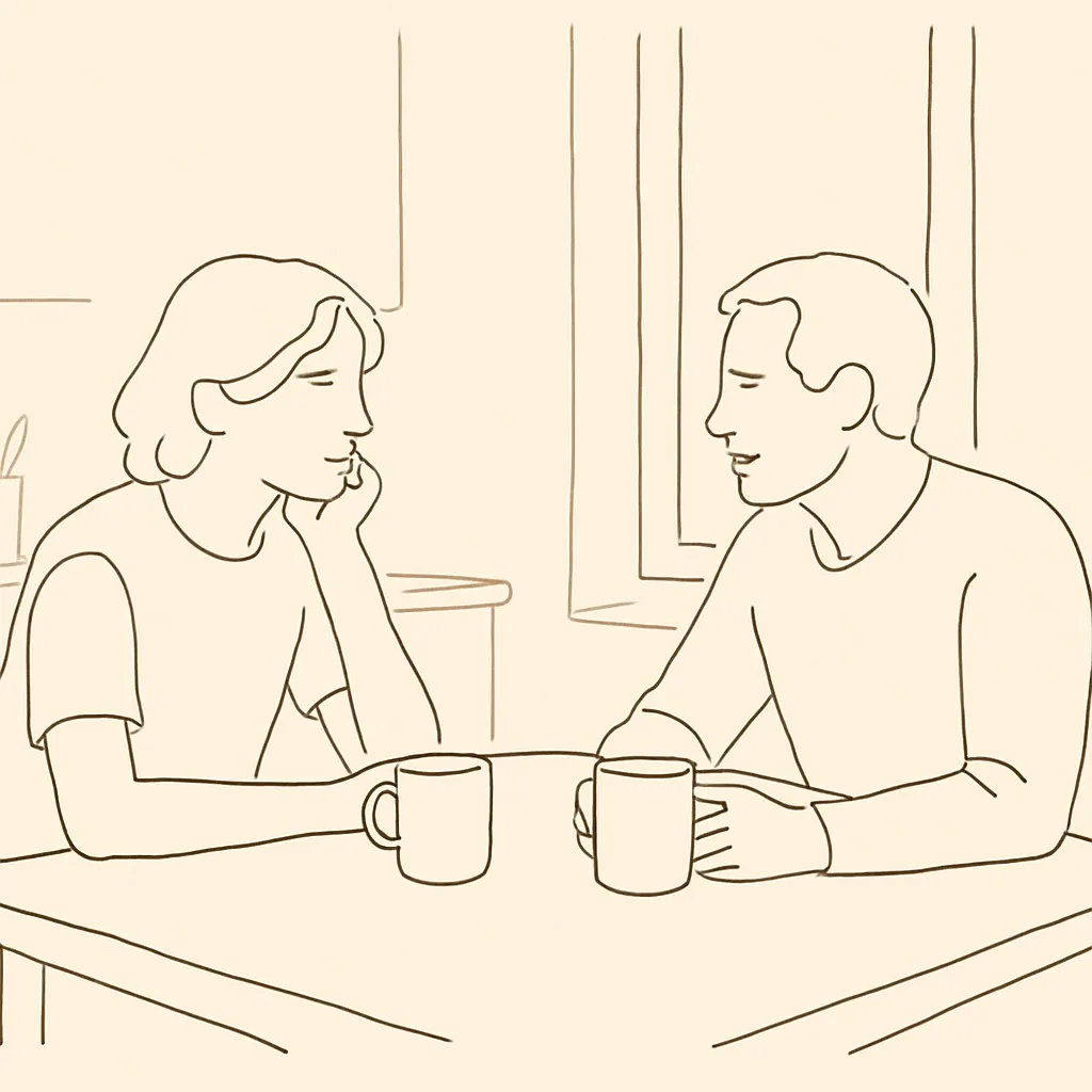 Line art of a teen and parent at a kitchen table, two mugs between them, soft warm window light