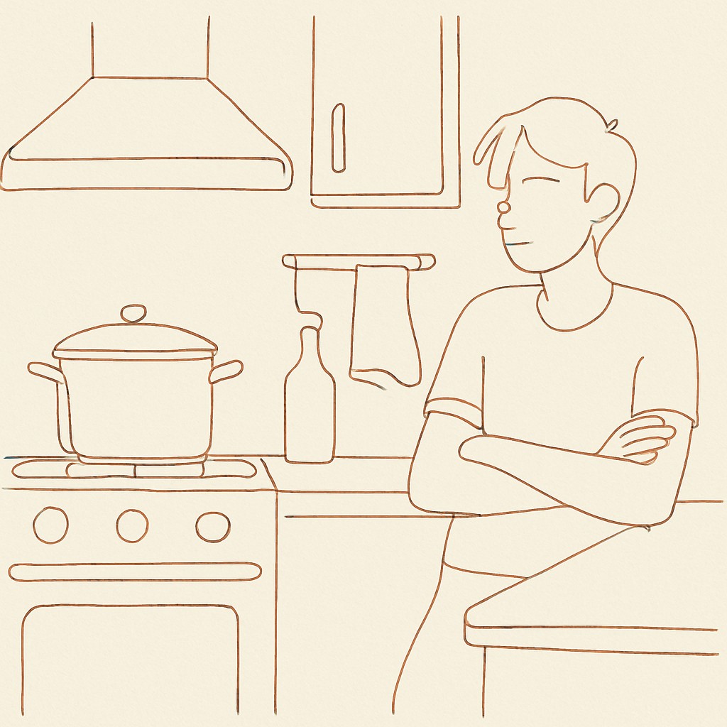 Line art of a kitchen with a pot on the stove, a teen leaning on the counter with arms folded