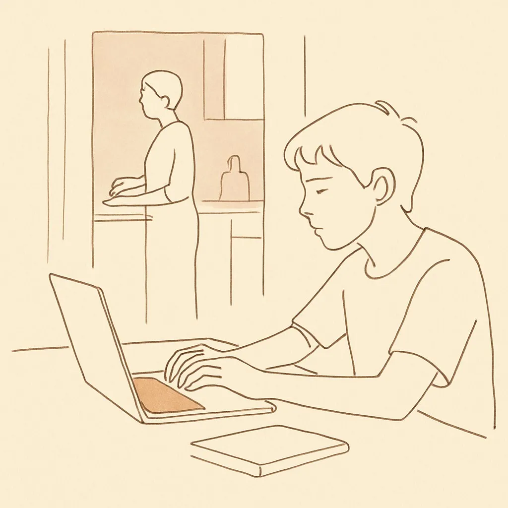 Line art of a teen at a desk lit by a laptop in dim afternoon light, parent in the kitchen background