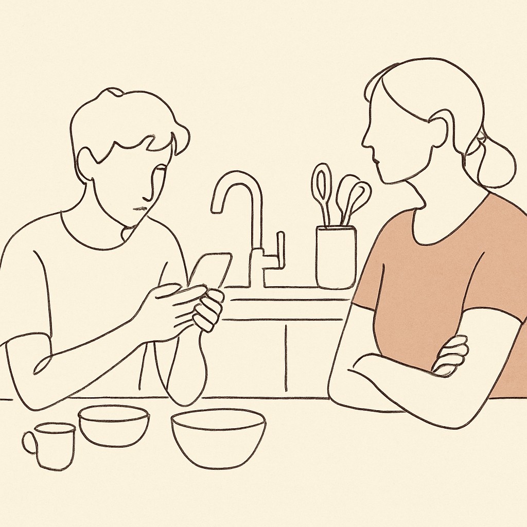 Line art of a teen at a kitchen counter holding a phone, parent across