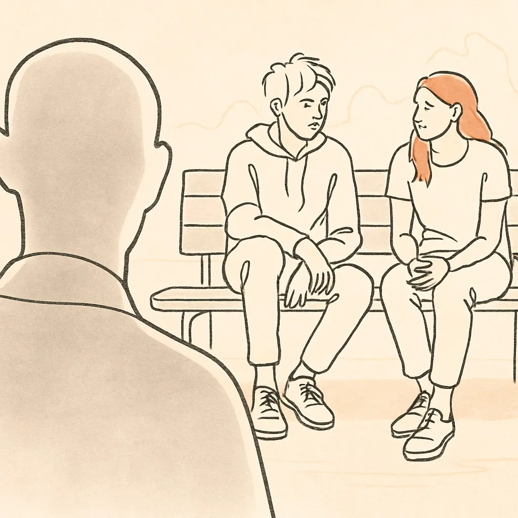 Line art of two teens on a bench in soft afternoon light, parent silhouette in the foreground