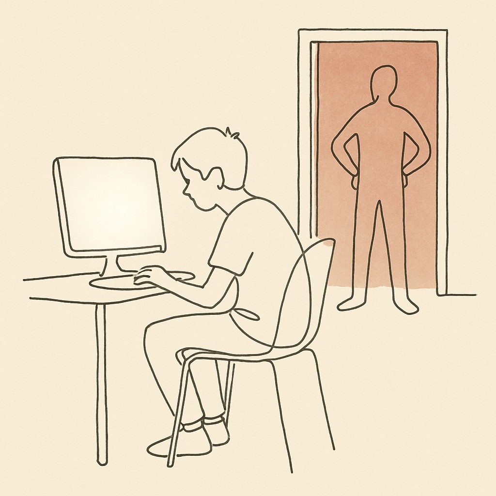 Line art of a teen at a desk facing a glowing screen at night, parent silhouette in a doorway behind them