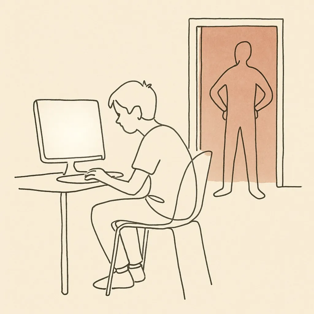 Line art of a teen at a desk facing a glowing screen at night, parent silhouette in a doorway behind them