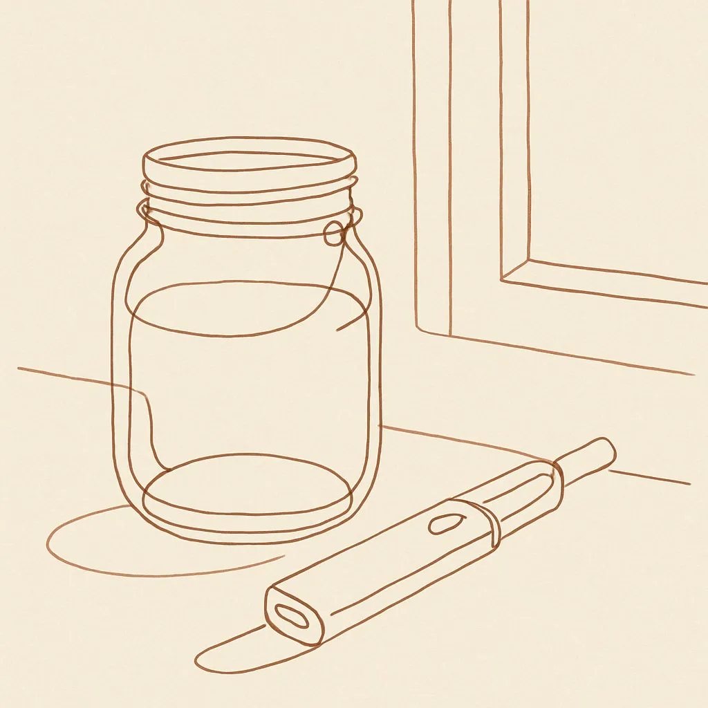 Line art of a glass jar and a vape pen on a desk, soft window light