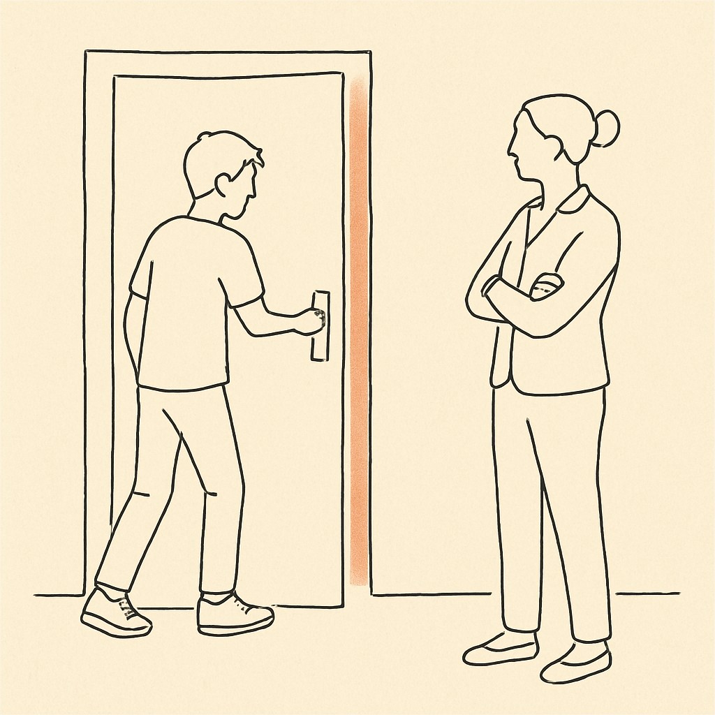 Line art of a teen closing a bedroom door while a parent stands in the hallway