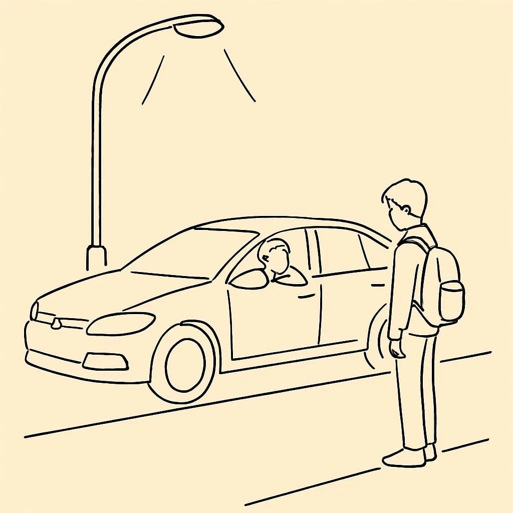 Line art of a car parked at a curb at night under a streetlamp with a teen standing on the sidewalk holding a small backpack