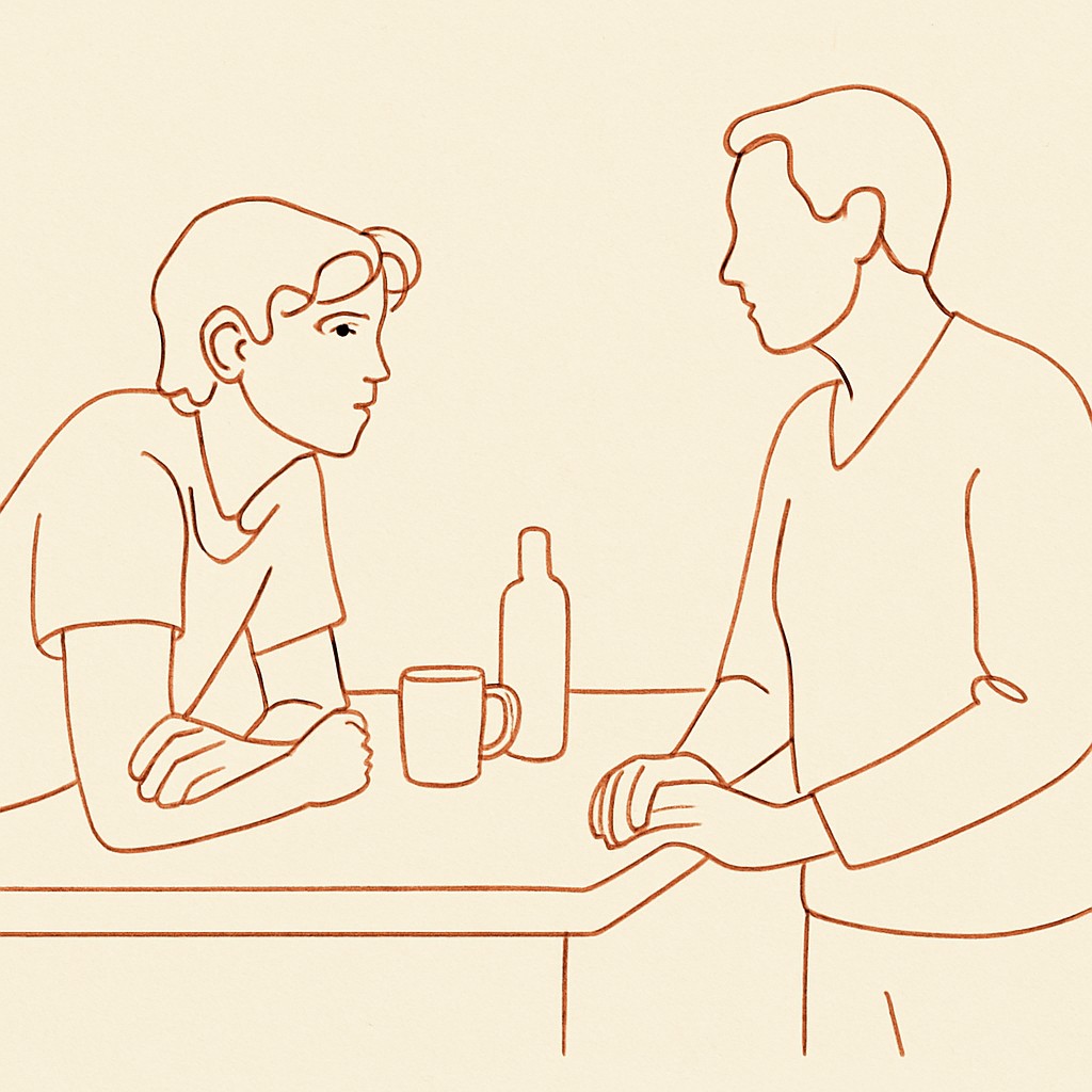 Line art of a teen leaning on a kitchen counter looking earnest, a parent on the other side