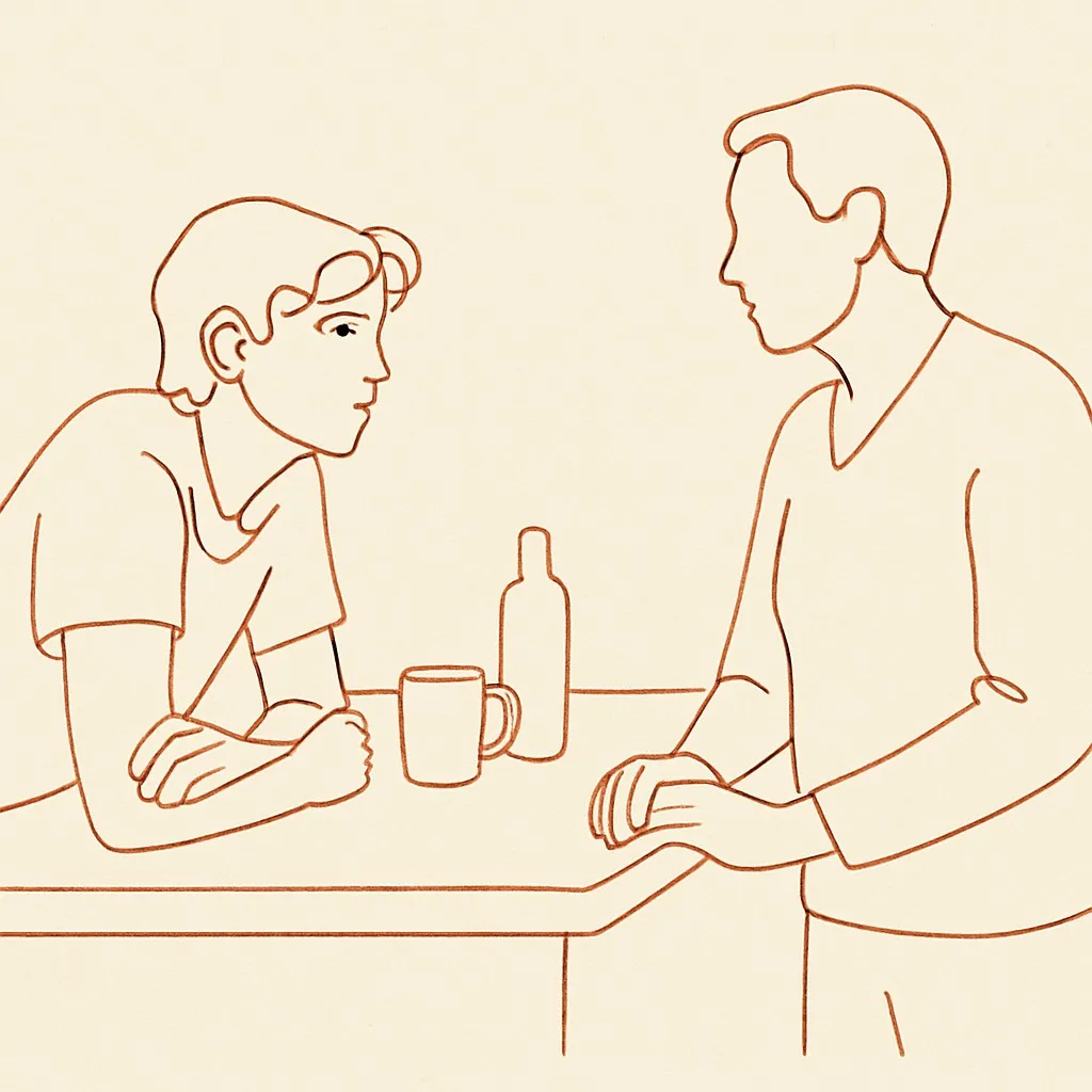 Line art of a teen leaning on a kitchen counter looking earnest, a parent on the other side