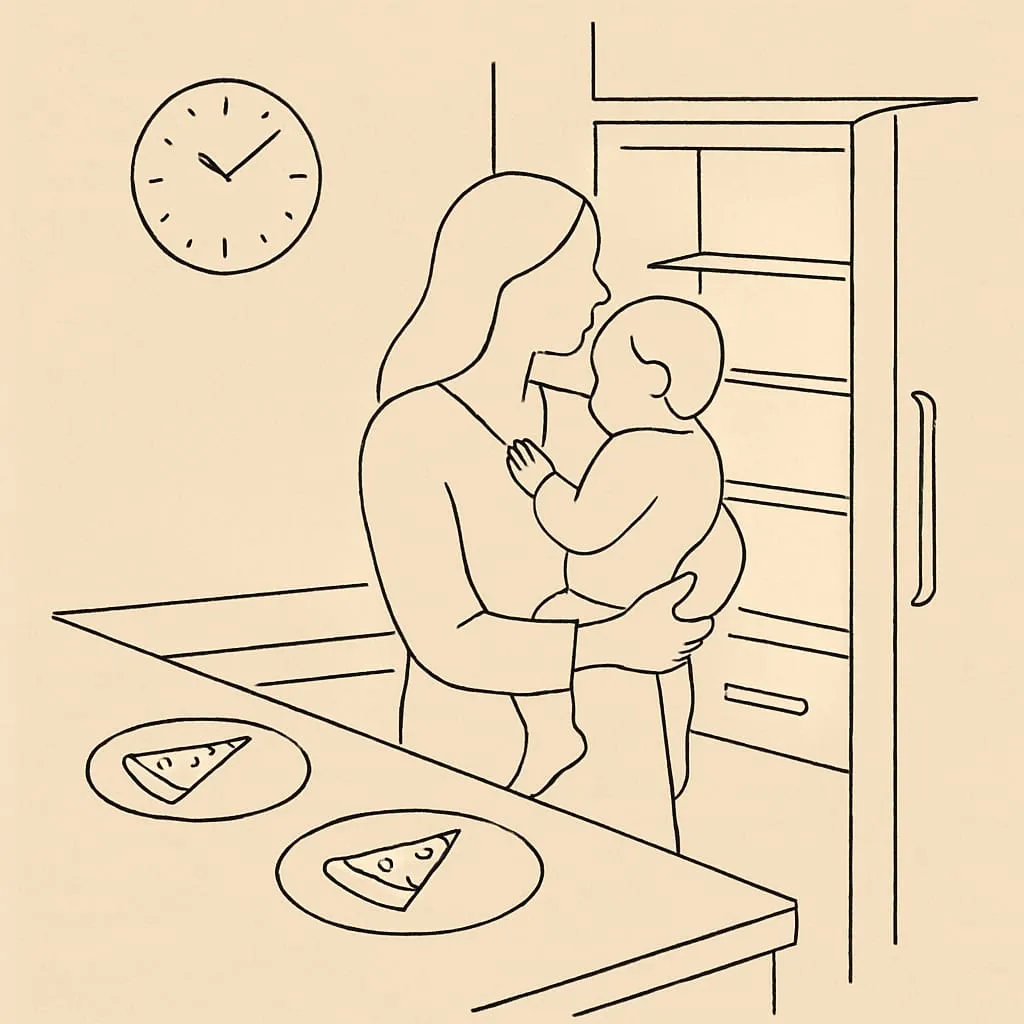 Line art of a kitchen at night with two plates on the counter, one untouched pizza slice on each, soft light from the open fridge