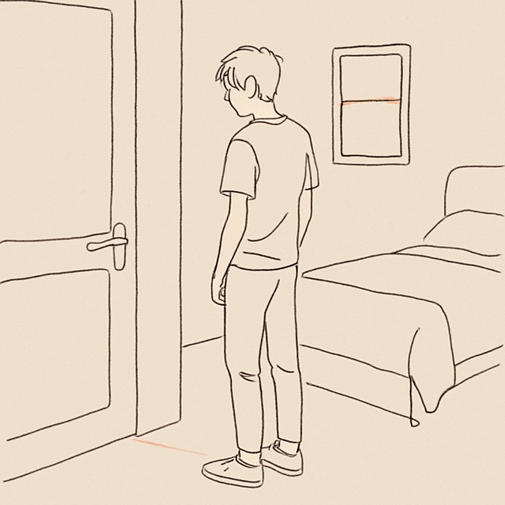 Line art of a teen turned away in a darkened bedroom, a closed door in the foreground, soft hallway light spilling under it