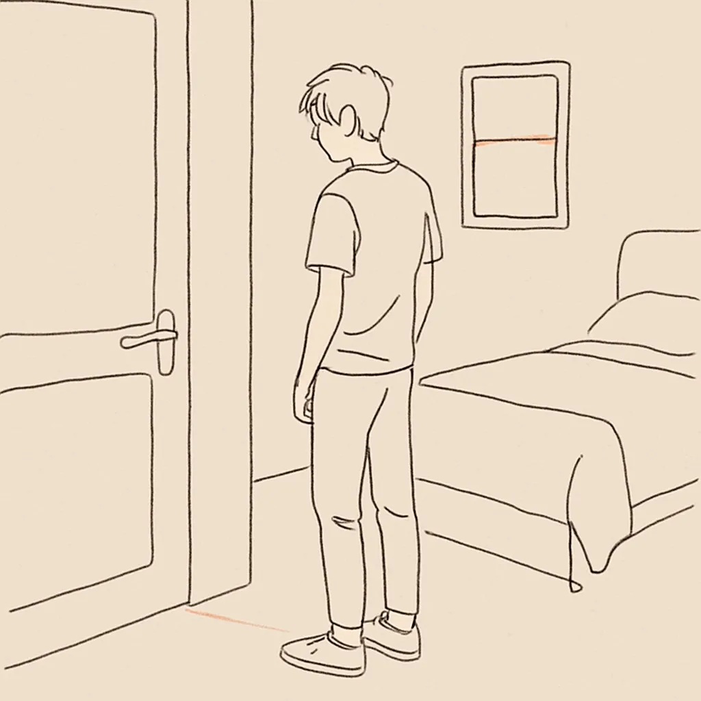 Line art of a teen turned away in a darkened bedroom, a closed door in the foreground, soft hallway light spilling under it