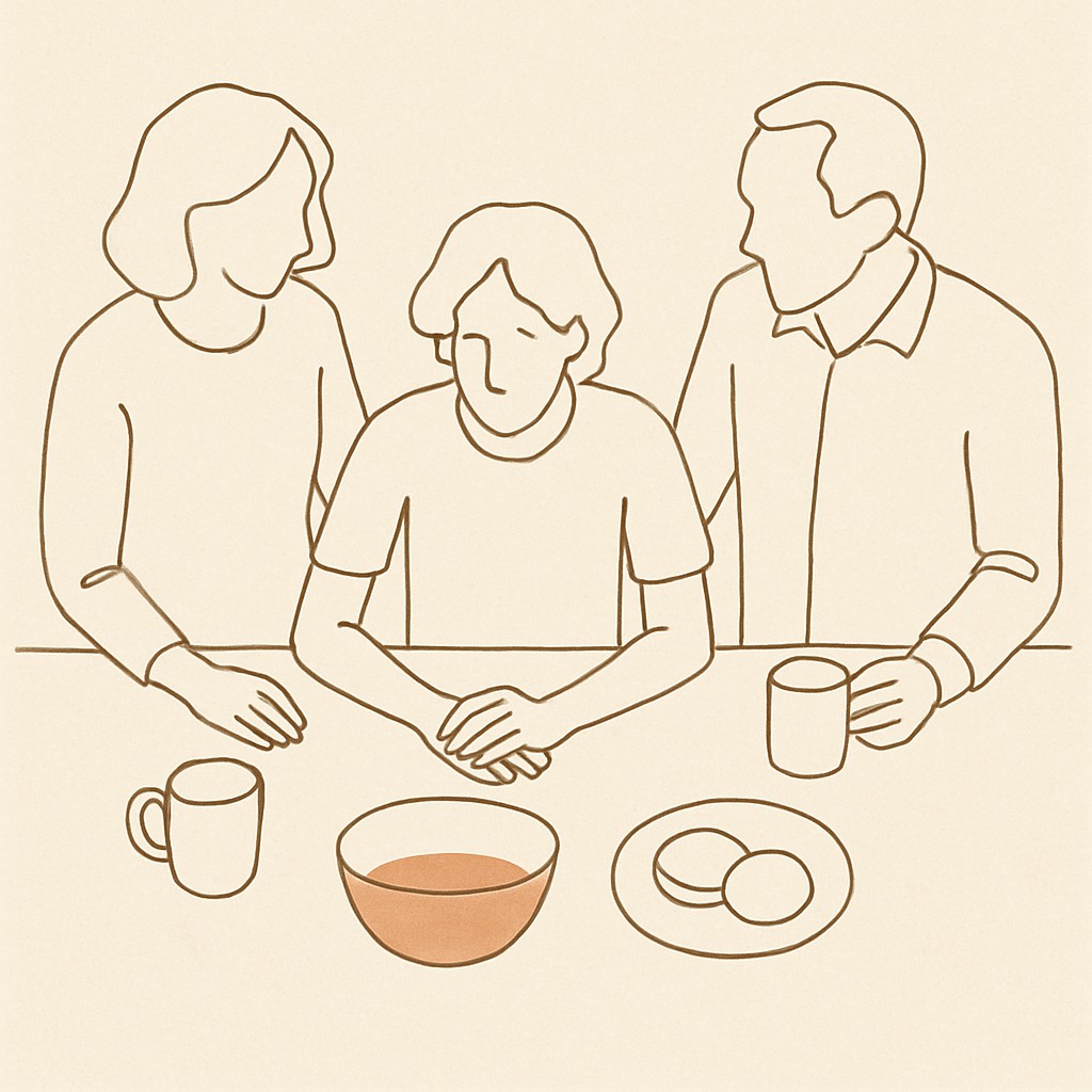 Line art of two parents and a teen at a kitchen counter from a high angle