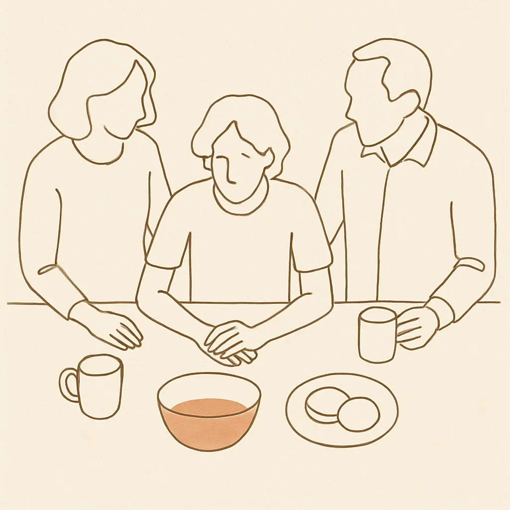 Line art of two parents and a teen at a kitchen counter from a high angle