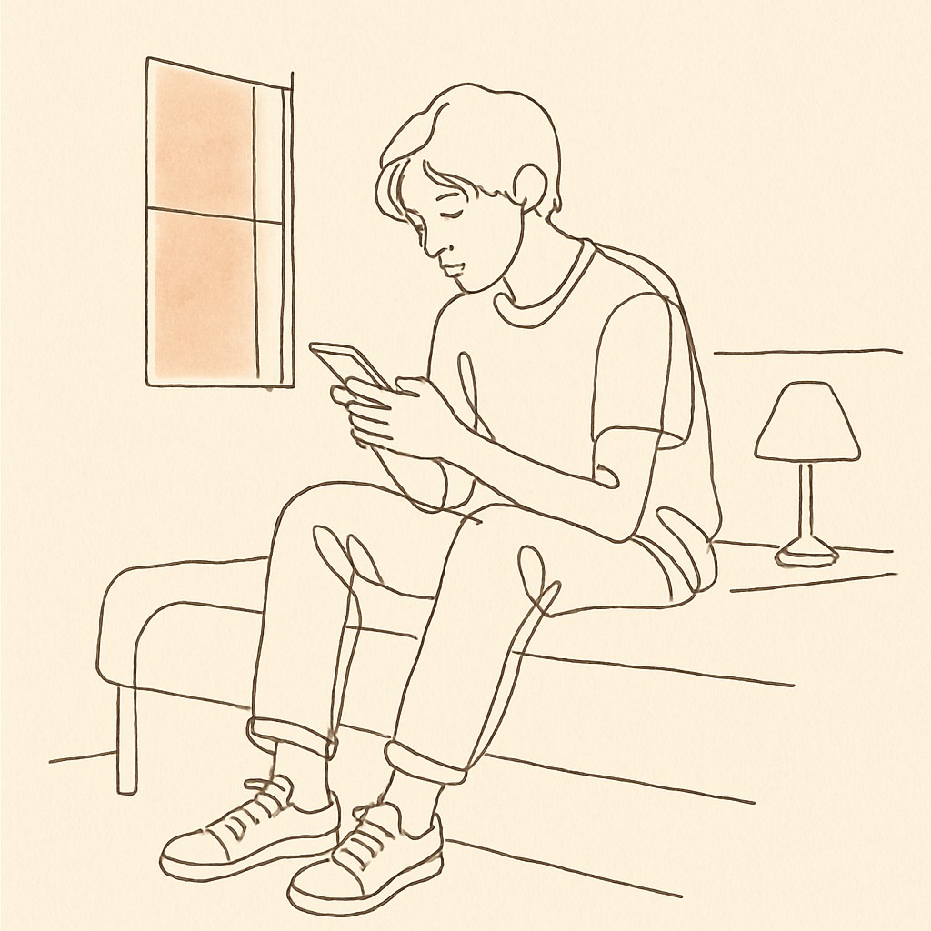 Line art of a teen sitting on a bedroom bed looking at a phone, soft afternoon light