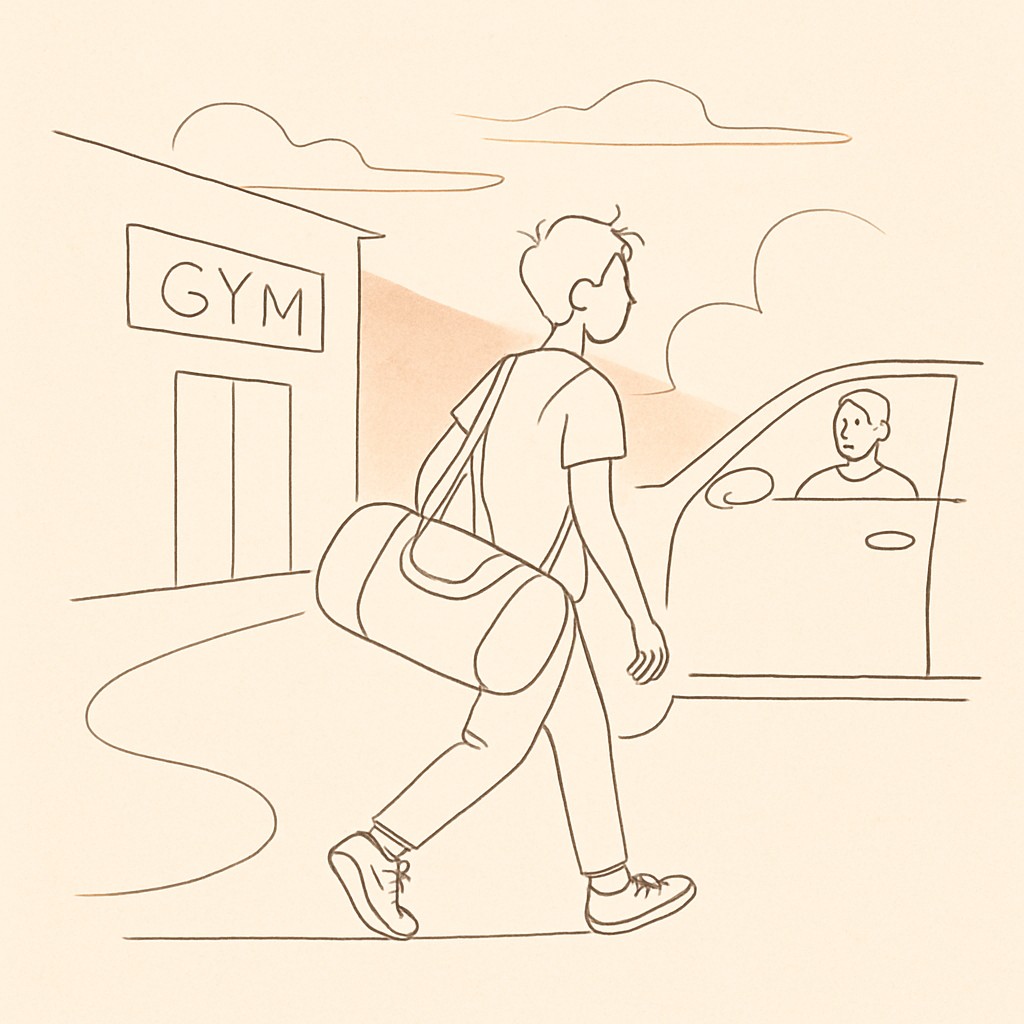 Line art of a teen with a sports bag walking away from a gym at dusk, parent waiting by a car
