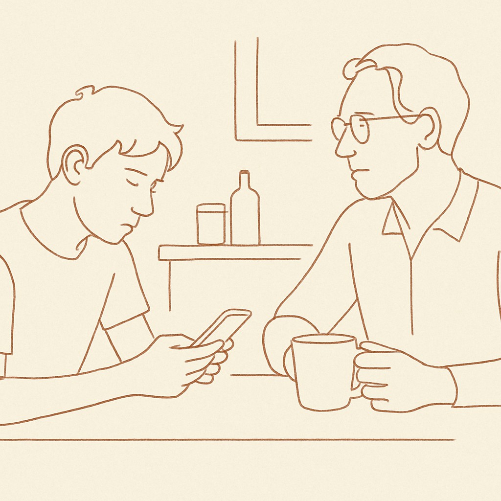 Line art of a teen at a kitchen table looking at a phone, parent across with a coffee cup
