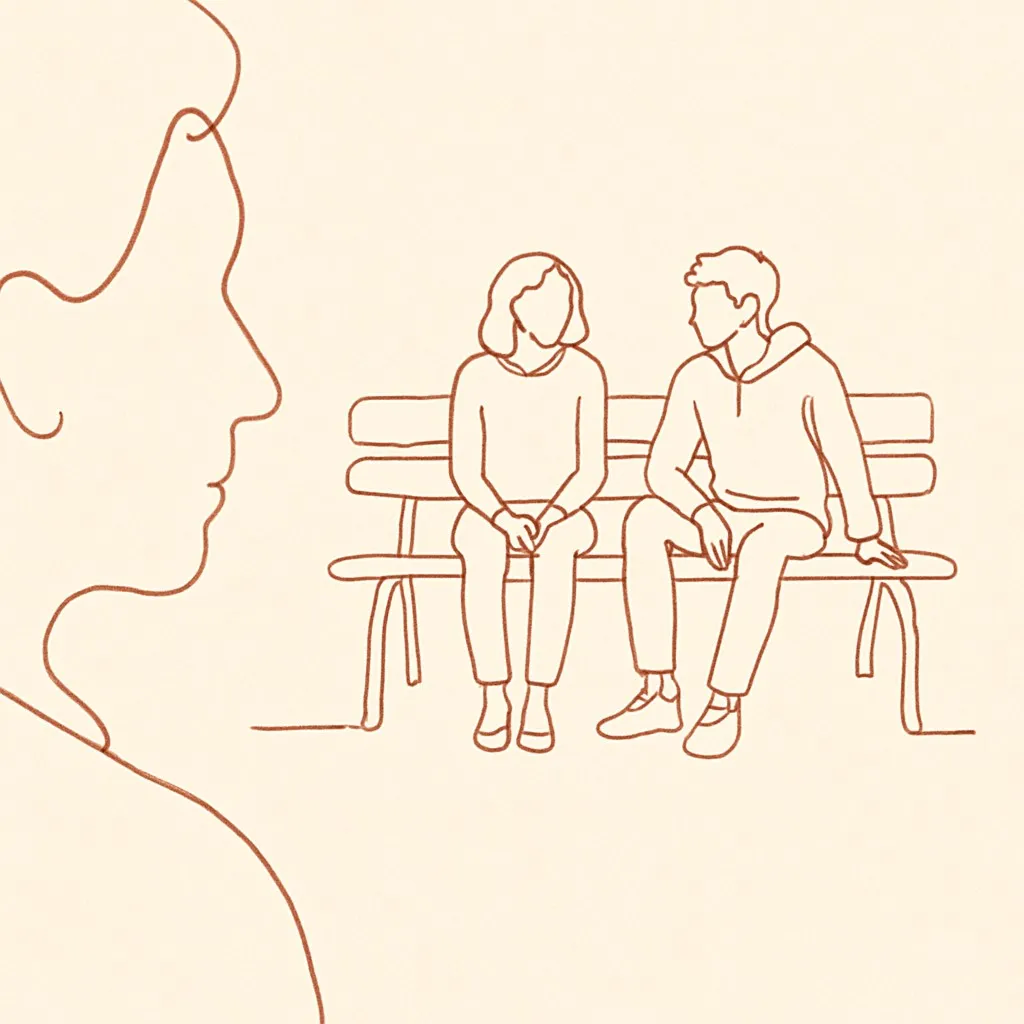 Line art of two teens on a bench from a distance, parent in soft focus in the foreground