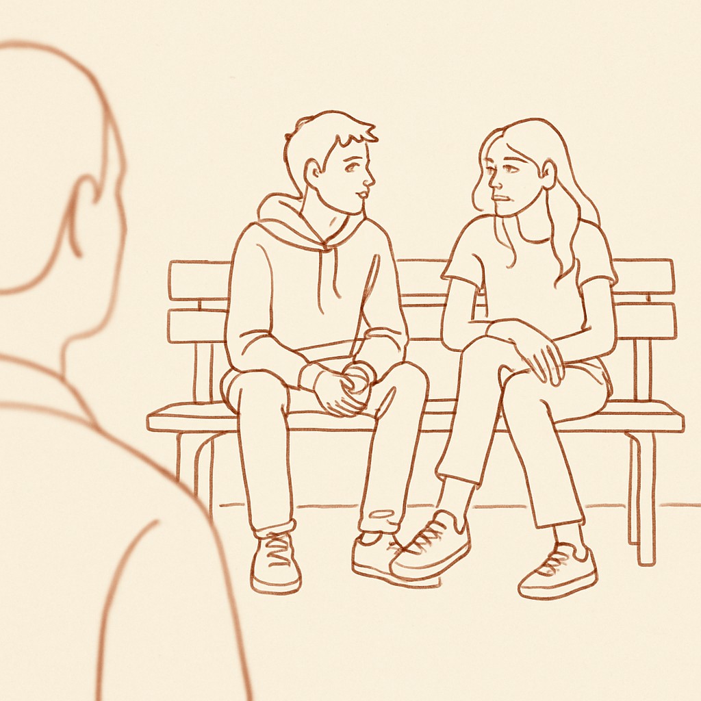 Line art of two teens on a bench in soft afternoon light, parent in soft focus in the foreground