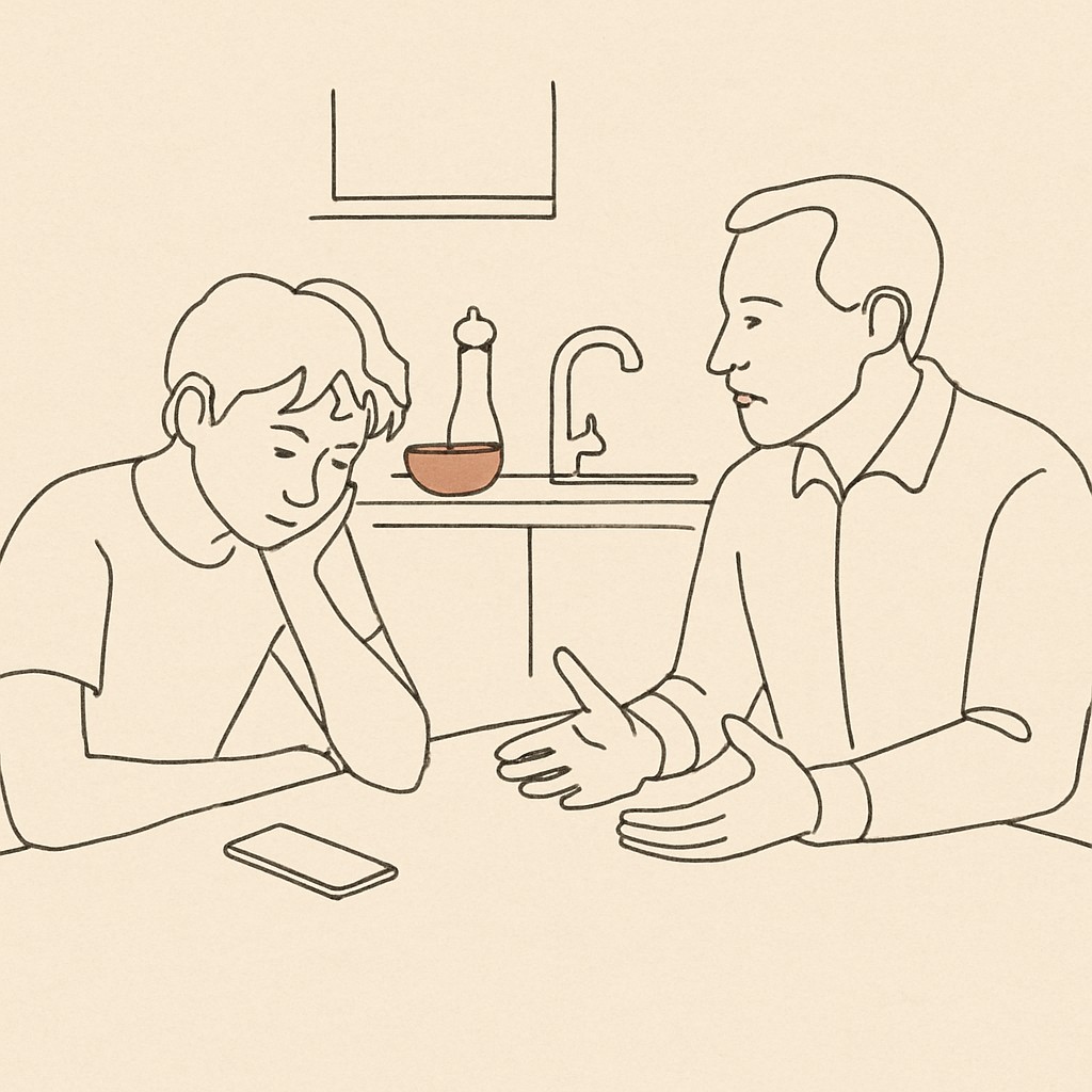 Line art of a teen at a kitchen table with a phone face-down, parent across