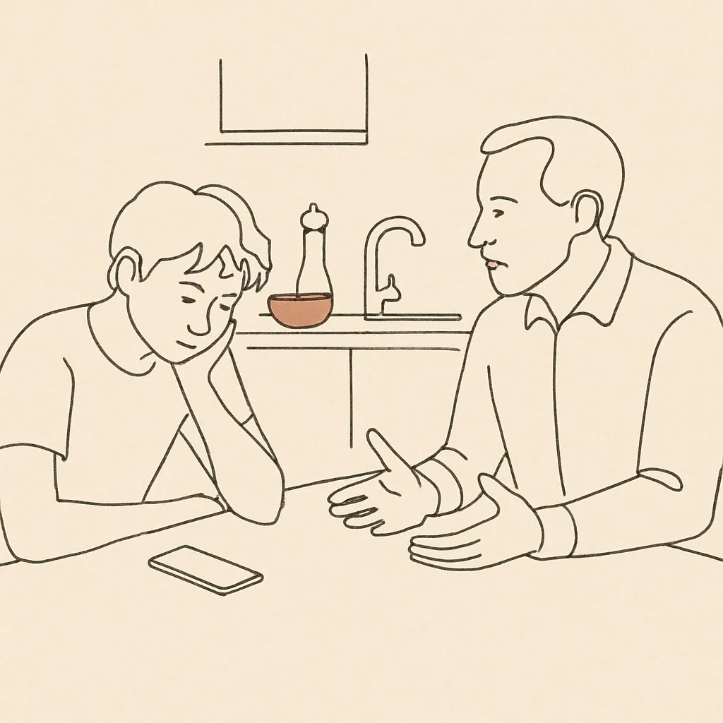 Line art of a teen at a kitchen table with a phone face-down, parent across