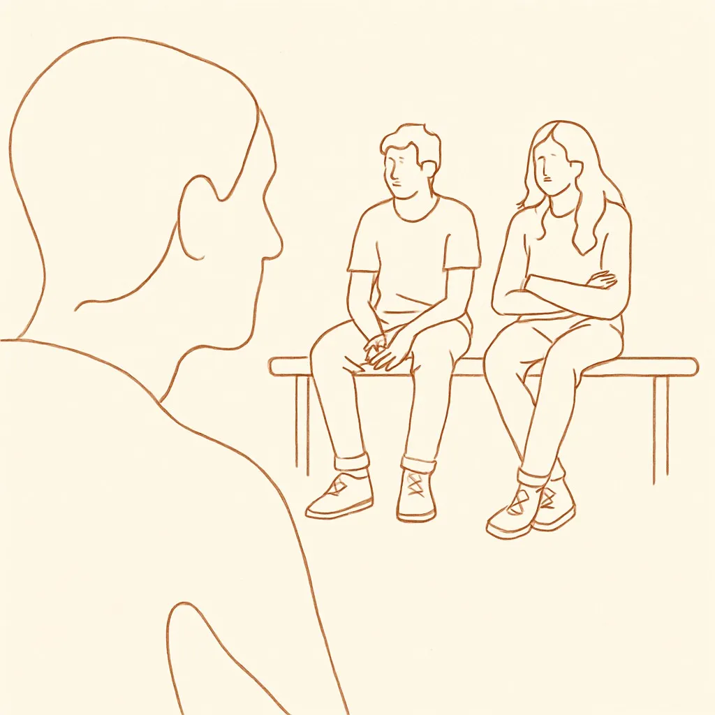 Line art of two teens sitting on a bench from a distance, parent in soft focus in the foreground