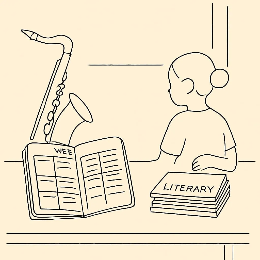 Line art of a desk with an open planner showing a packed week, a saxophone case leaning against it and a stack of literary magazines, soft afternoon light