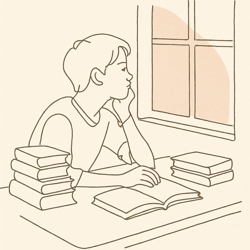 Line art of a teen at a desk surrounded by books, looking out a window, soft afternoon light