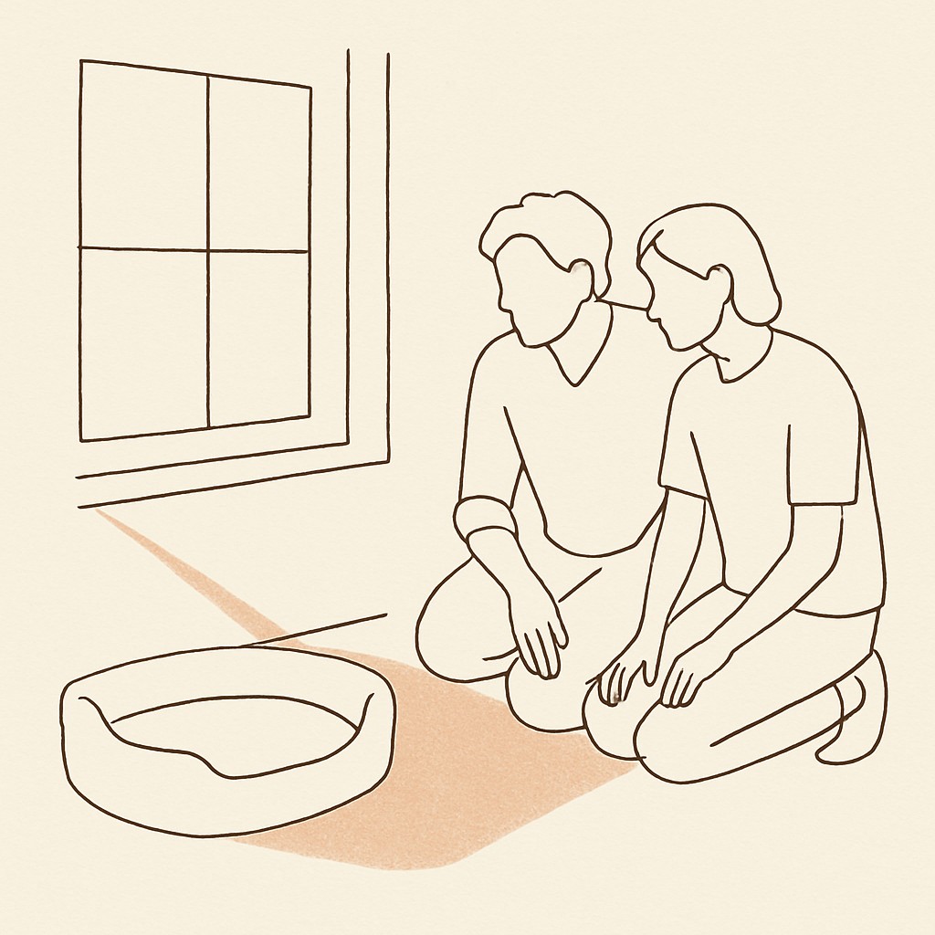 Line art of an empty pet bed by a window in late afternoon light, parent and teen kneeling beside it