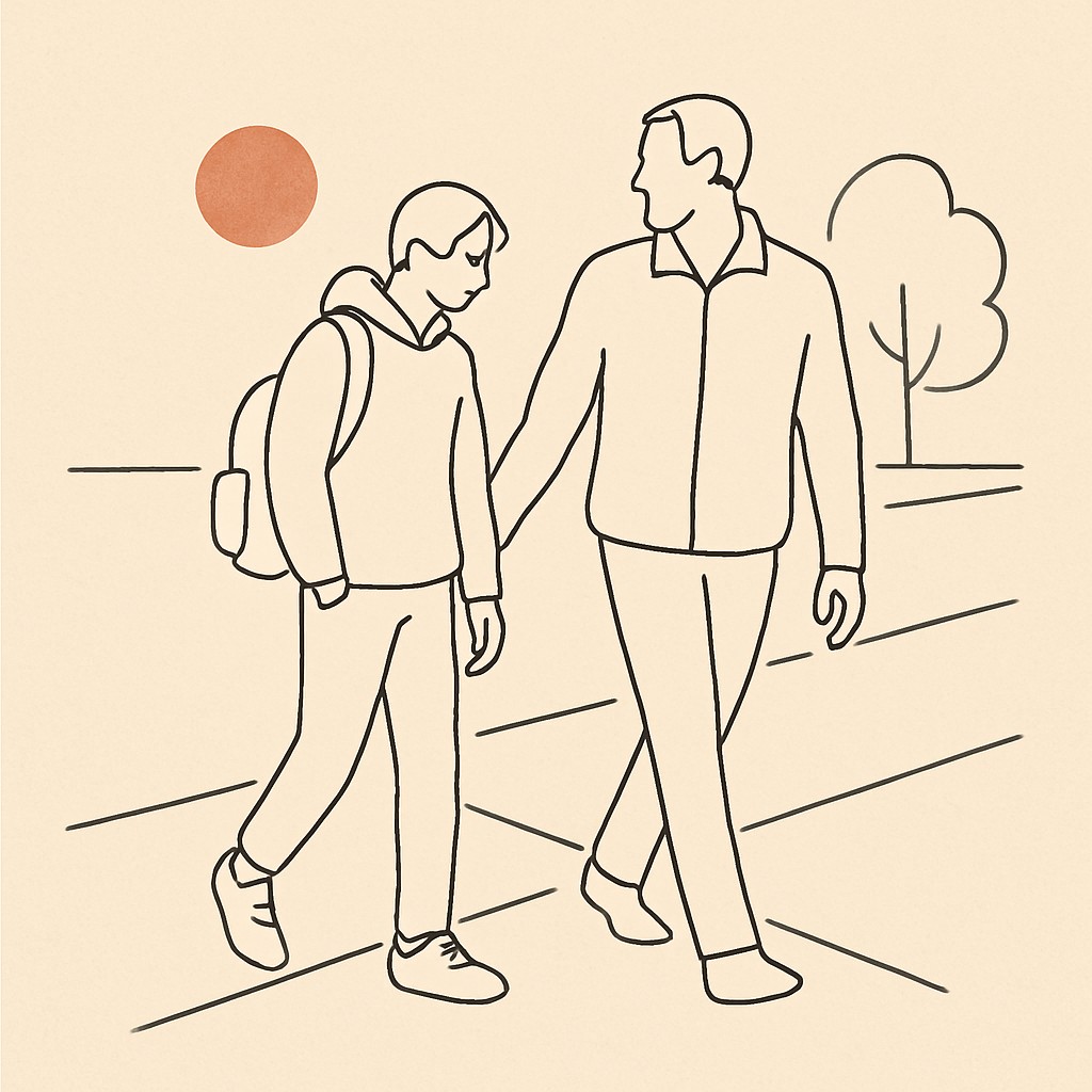 Line art of a teen and parent walking on a sidewalk in early evening light