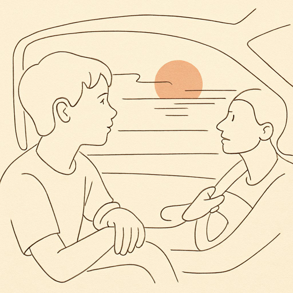 Line art of a teen looking out a car window at sunset, parent driving