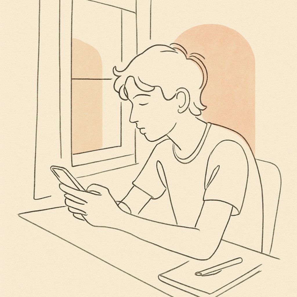 Line art of a teen at a desk with a phone in hand, late afternoon light through window