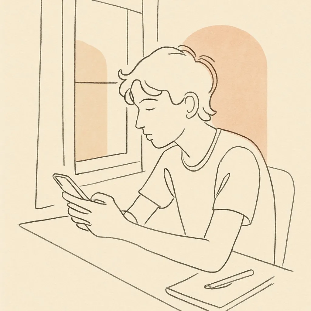 Line art of a teen at a desk with a phone in hand, late afternoon light through window