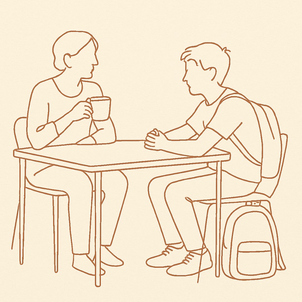 Line art of a teen at a kitchen table with a backpack on the floor, parent across with a coffee cup
