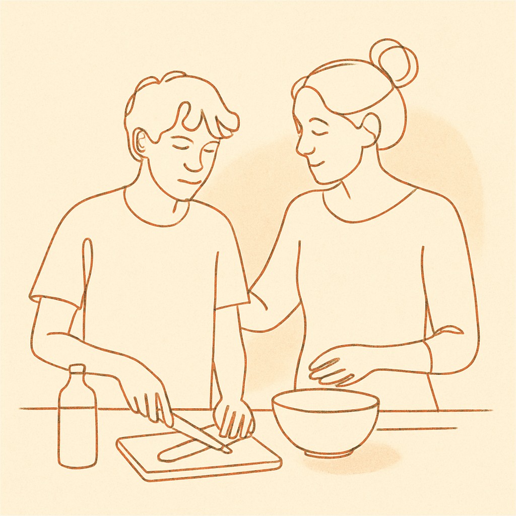Line art of a teen and parent at a kitchen counter, soft warm afternoon light