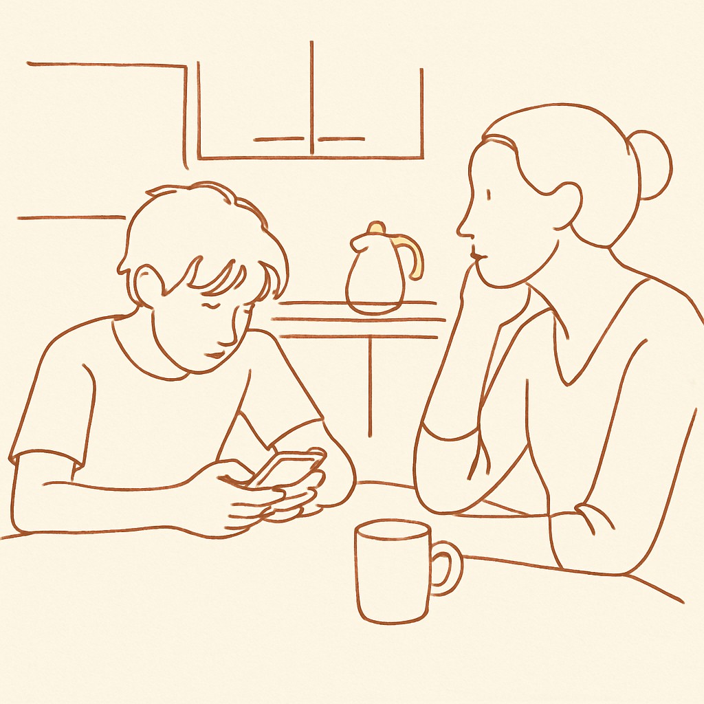 Line art of a teen at a kitchen table looking at a phone, parent across