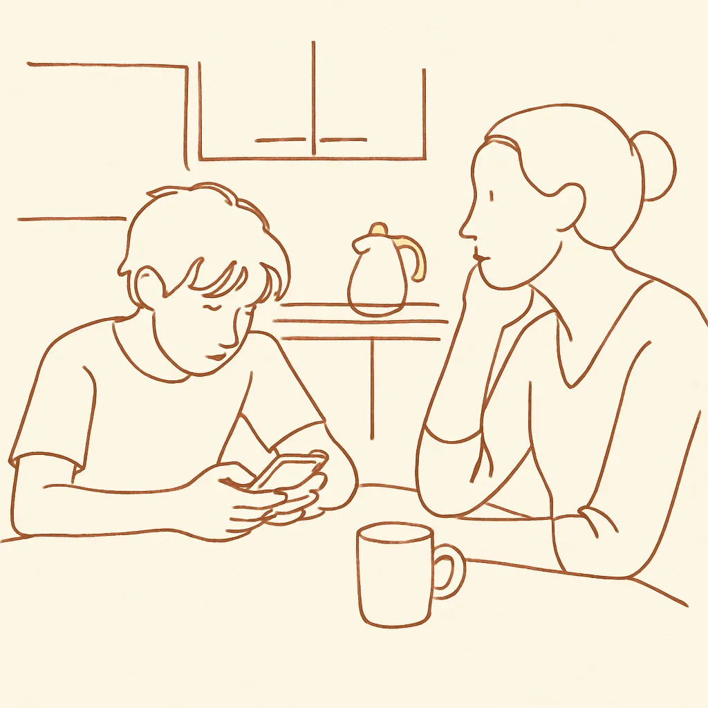 Line art of a teen at a kitchen table looking at a phone, parent across
