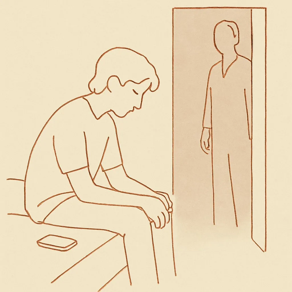 Line art of a teen sitting on the edge of a bed in dim light, phone face-down beside them, parent in the doorway