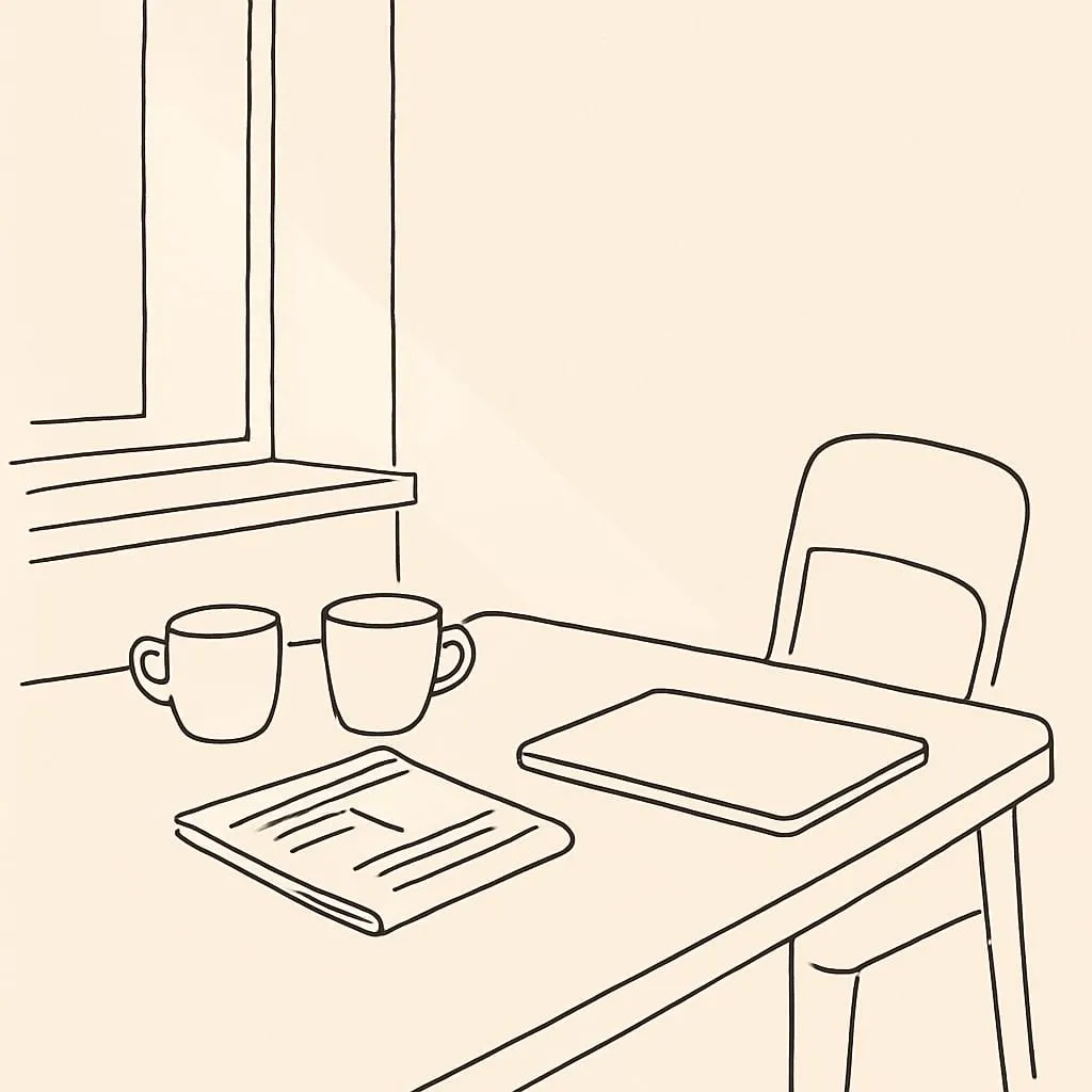 Line art of two coffee cups on a kitchen counter beside a folded newspaper, a single closed laptop and an empty chair at the breakfast nook in soft morning light