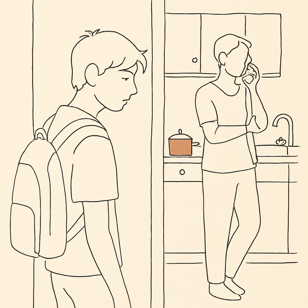 Line art of a teen pausing at a kitchen doorway, a parent on a phone in the background