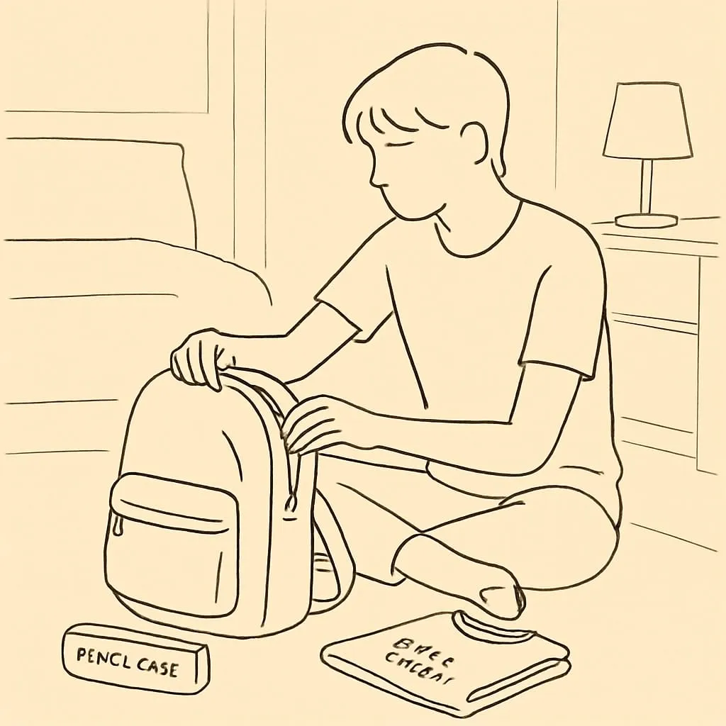 Line art of a teen packing their own backpack on a tidy bedroom floor with a labeled pencil case and a folded gym shirt, soft morning light