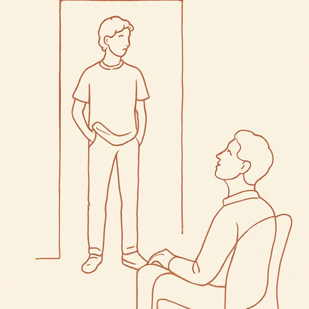Line art of a teen standing tall in a doorway, a parent looking up from a chair