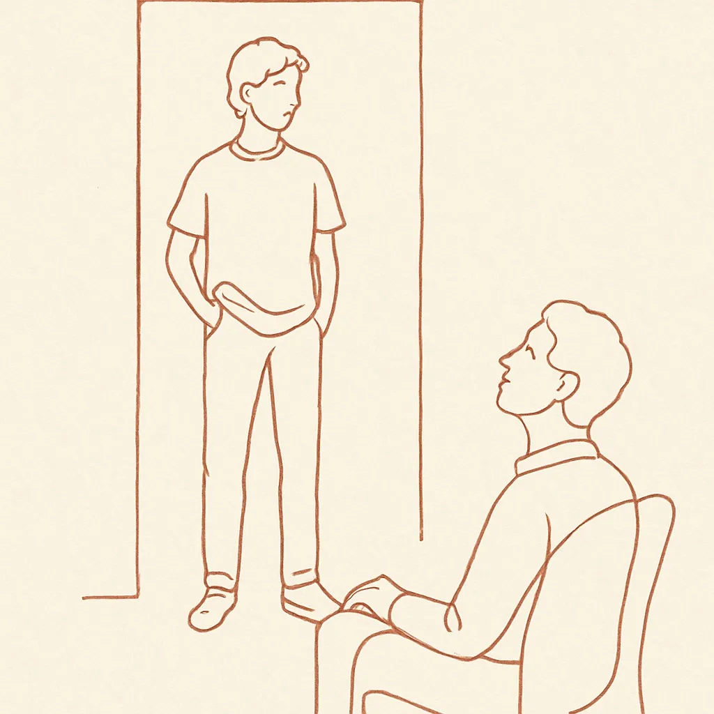 Line art of a teen standing tall in a doorway, a parent looking up from a chair