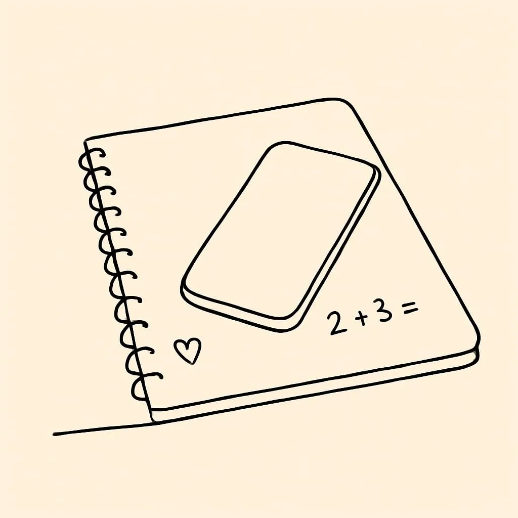 Line art of a notebook open on a desk with a small doodled heart in the margin beside a half-written math problem, a phone face-down on the page