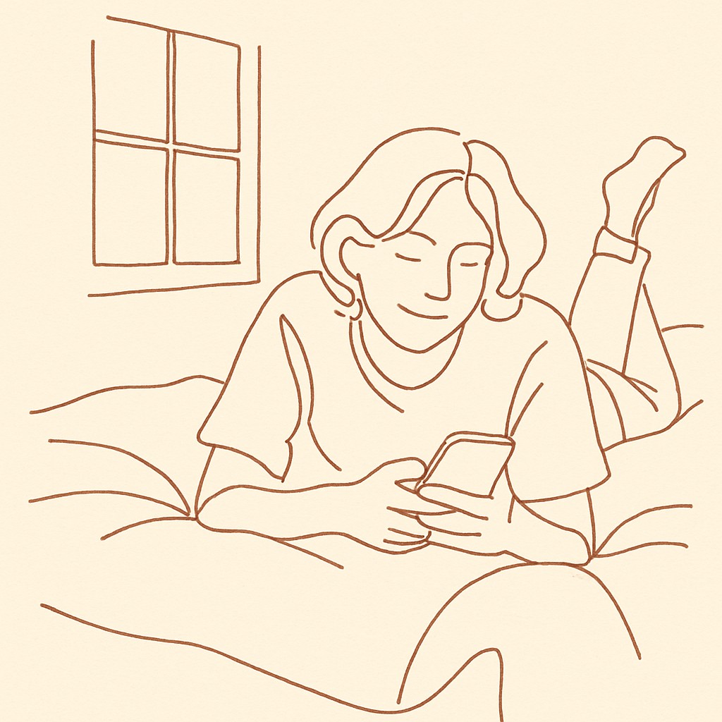 Line art of a teen sprawled on a bed texting, soft window light, a smile half-visible