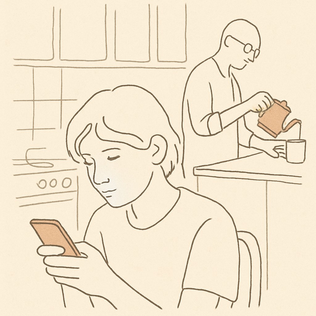 Line art of a teen on a phone in the kitchen, lit by the screen, parent making coffee in the background