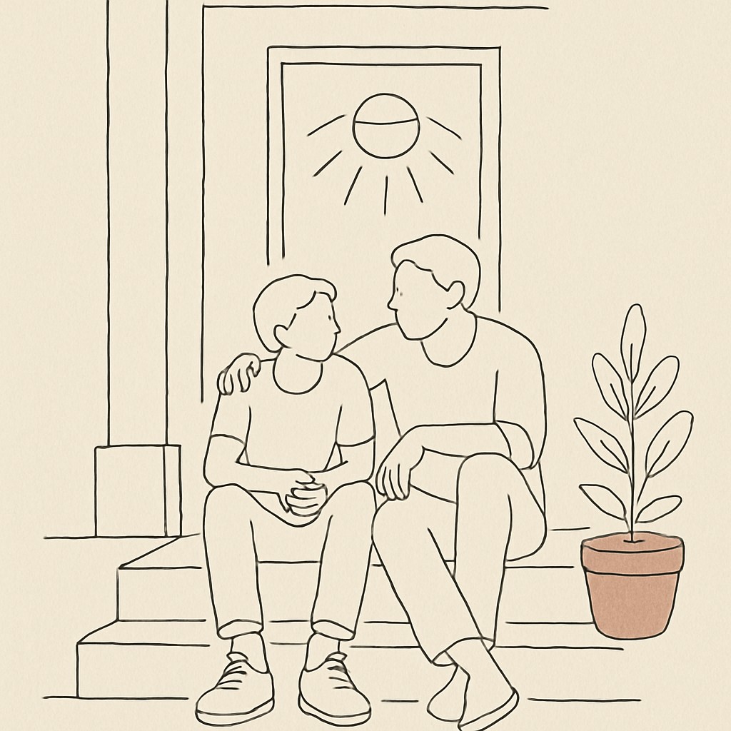 Line art of a teen and parent on the front steps at night, soft porch light above them
